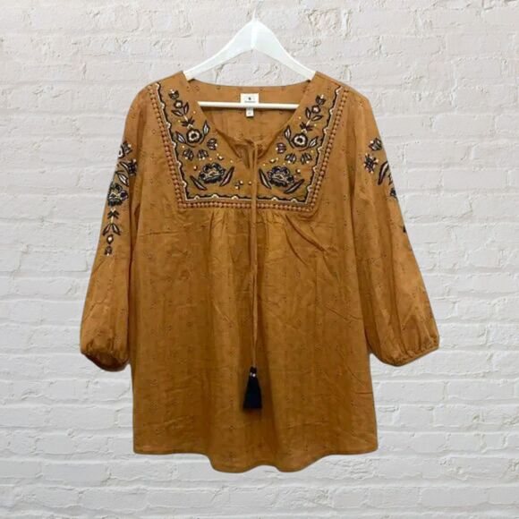 Dressbarn L Mustard Boho Embroidered Peasant Blouse Tassel - Picture 2 of 11